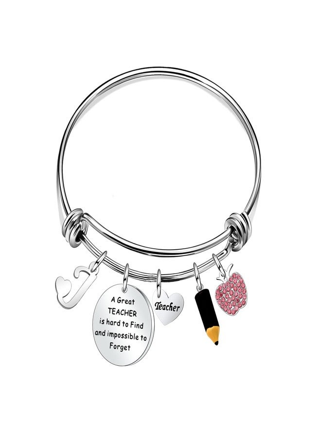 Aeora Thank You Silver A - Z 26 Initial Letter Dangle Bangle Adjustable Jewelry Gift For Women Lady Teacher Birthday Christmas Teacher's Day Thanksgiving Day,Student Back To School End Of Term Graduation Season Gift For Teacher (J) - Image 1